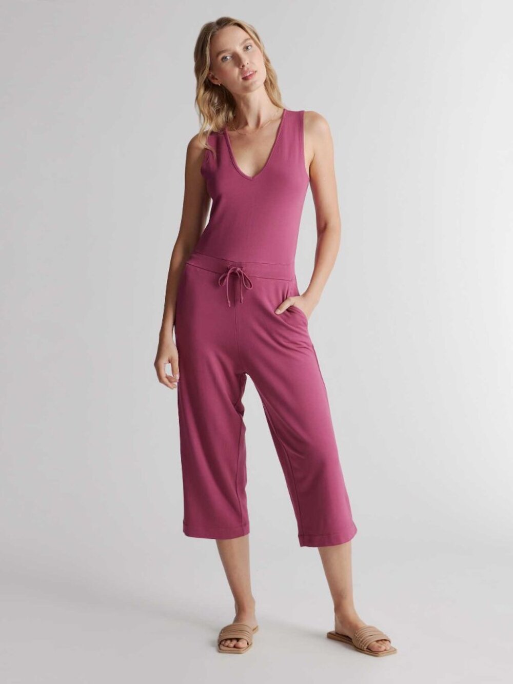NWoT Quince French Terry Modal Cropped Jumpsuit Tie-Waist Pocket Sleeveless